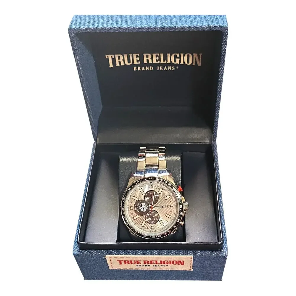 True Religion Mens Buddha Silver Chronograph Bracelet Watch 45mm Quartz Gift Box